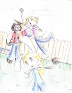 Half Ken Kim Luna Maribelle Meon author_indifferent background blonde_hair carrying colour fence grass green_eyes pool toony // 633x821 // 653.2KB